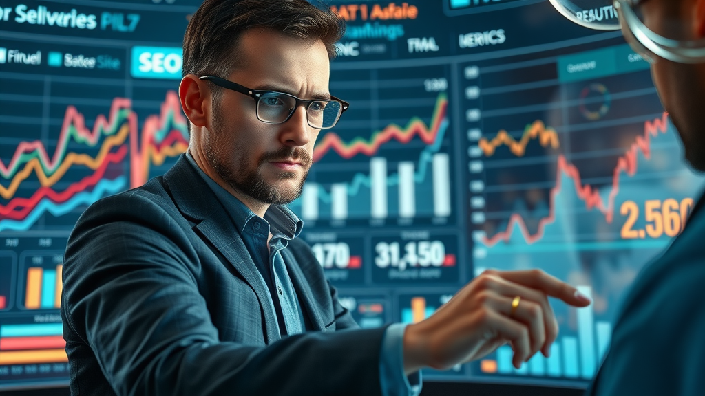 Advanced analytics dashboard – URSA Software Solutions real estate marketing SEO and IDX analysis, professional team reviewing keyword rankings.