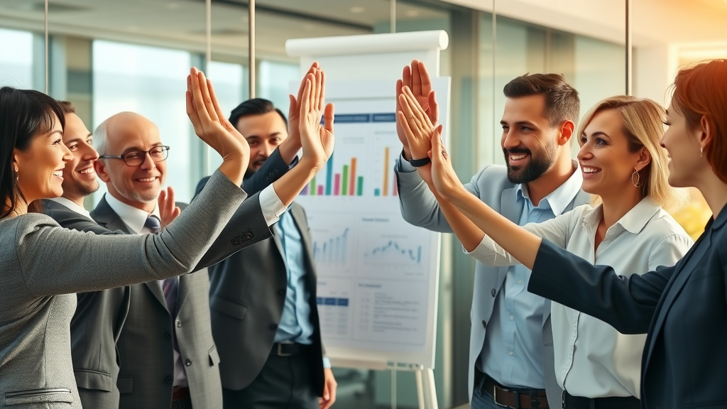 Diverse real estate agents celebrating success after website upgrade by URSA Software Solutions – business attire, modern office, real estate charts.