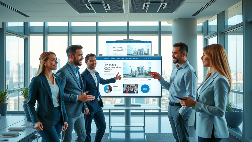 Sleek modern real estate office with realtors showcasing website features via digital displays - ursa software solutions - real estate website specialists with idx & seo expertise