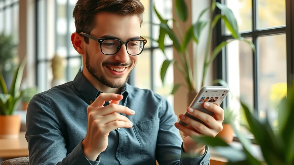 property listing website - Satisfied user browsing vibrant real estate listing app on mobile device in a sunlit, relaxed café setting