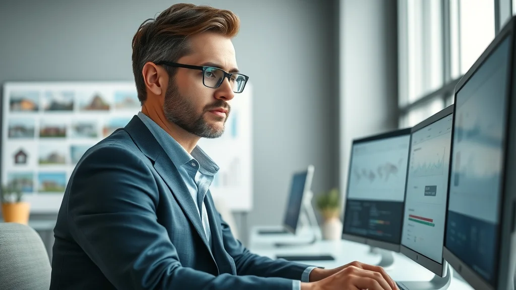 Professional real estate agent using computer for IDX integration dashboard, real estate website listings, modern office, natural daylight, blue and white color palette