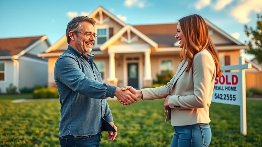 Happy client shaking hands with estate agent outside a new home, celebrating SEO-driven real estate success