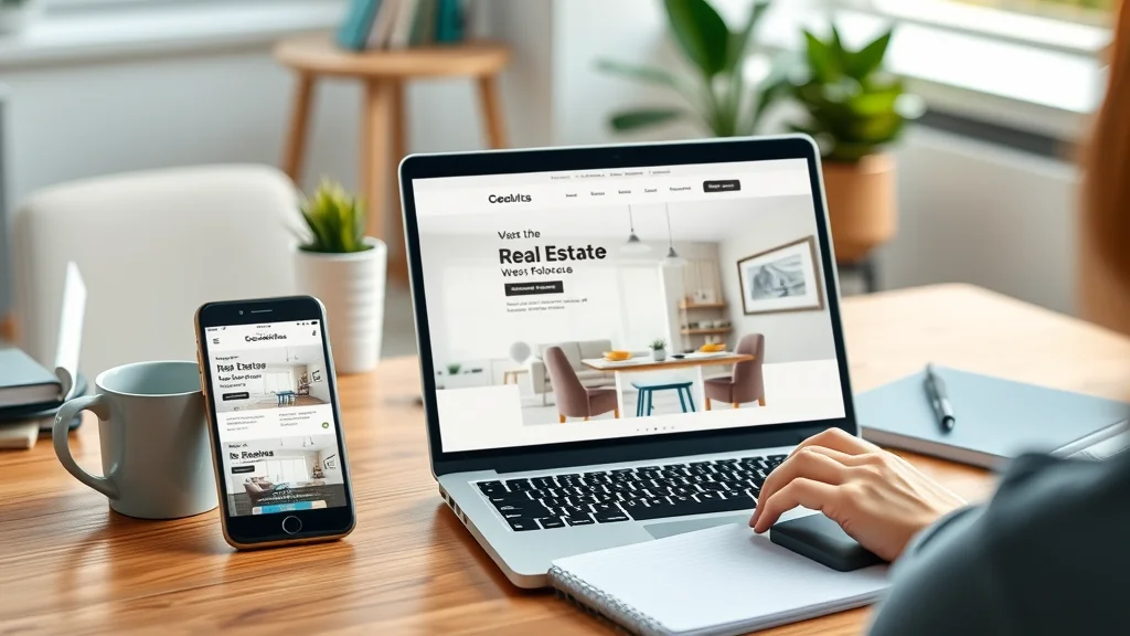 Contemporary real estate website SEO interface on smartphone and laptop, displaying property listings with clear layout and responsive design