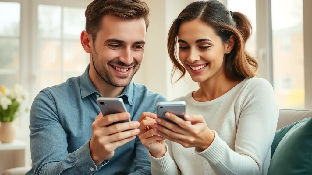 Delighted homebuyers using mobile real estate website, exploring IDX search results together, natural sunlight, living room