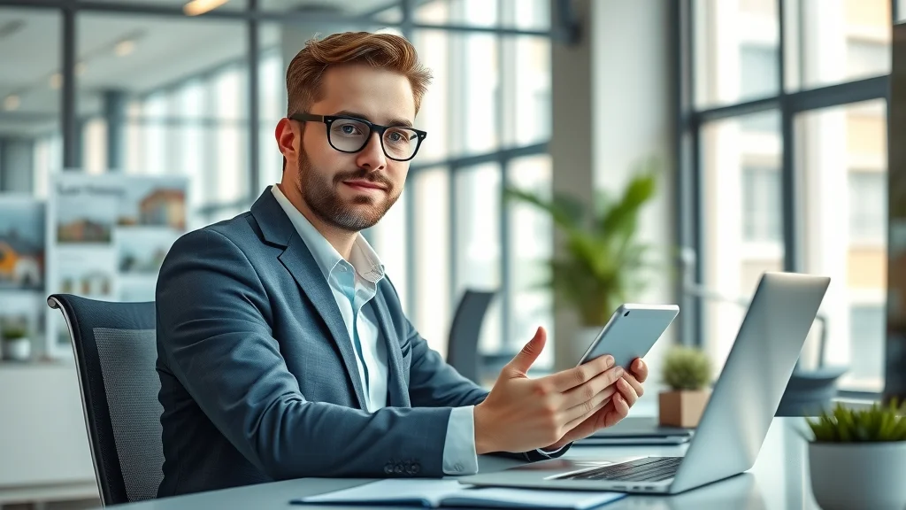 Modern real estate agent reviews responsive real estate website on tablet and laptop in bright, professional office