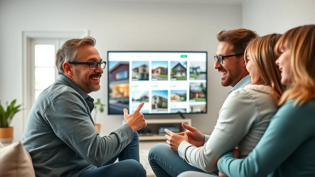 Excited homebuyers browsing a dynamic property listing web page on a large screen, showing interactive real estate gallery with vibrant thumbnails