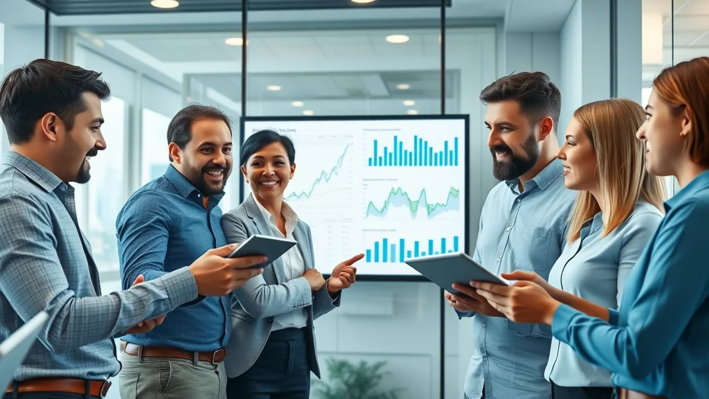 Real estate agents collaborating on digital property research tools and analytics in a bright, modern office