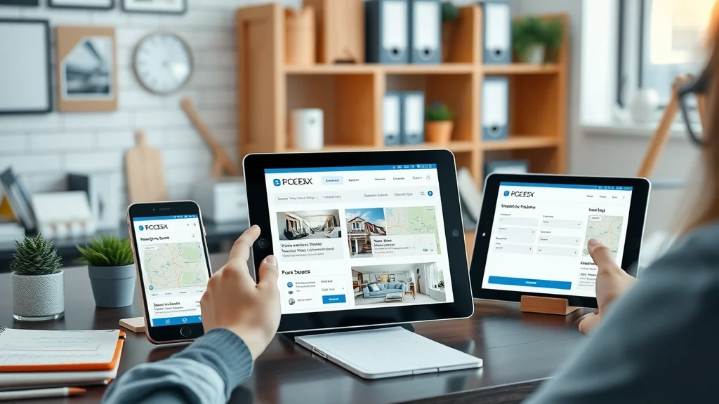 Responsive real estate website features on multiple devices: listings, maps, contact forms, clean navigation