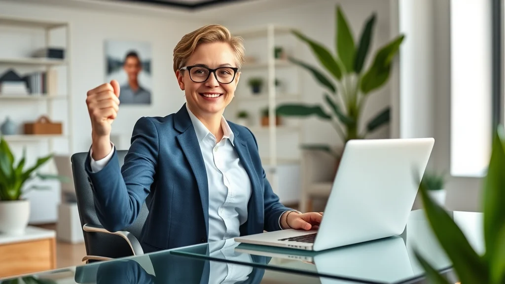 Professional real estate agent celebrates new leads on responsive real estate website at modern office desk