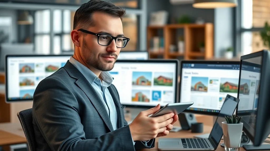Array of real estate website builder dashboards, business person comparing options on modern devices in a stylish office