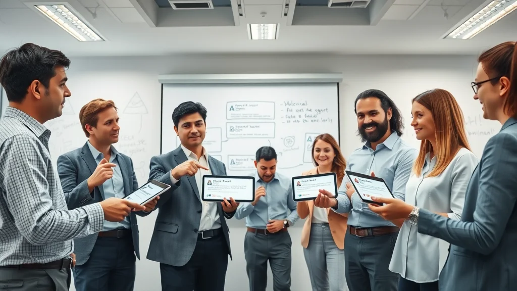 Real estate professionals discussing technical website issues on tablet screens in conference room