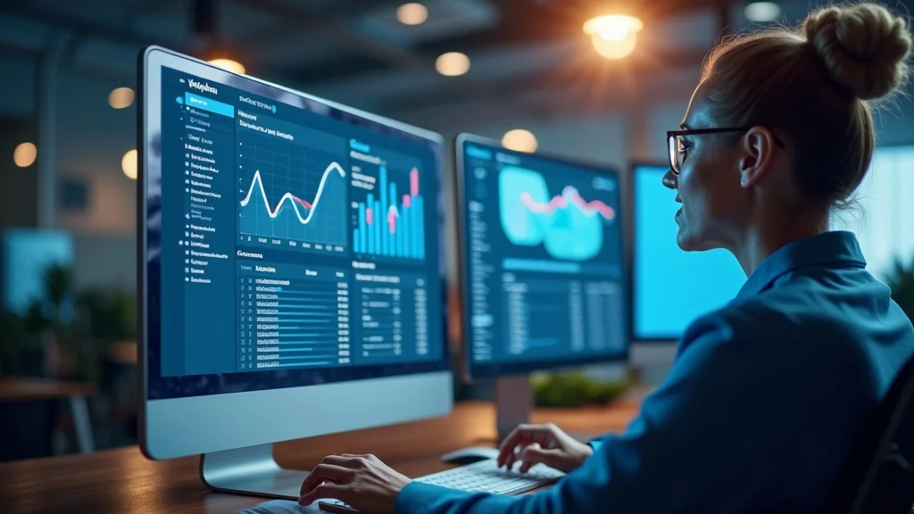 Real estate CRM dashboard with estate agent reviewing analytics