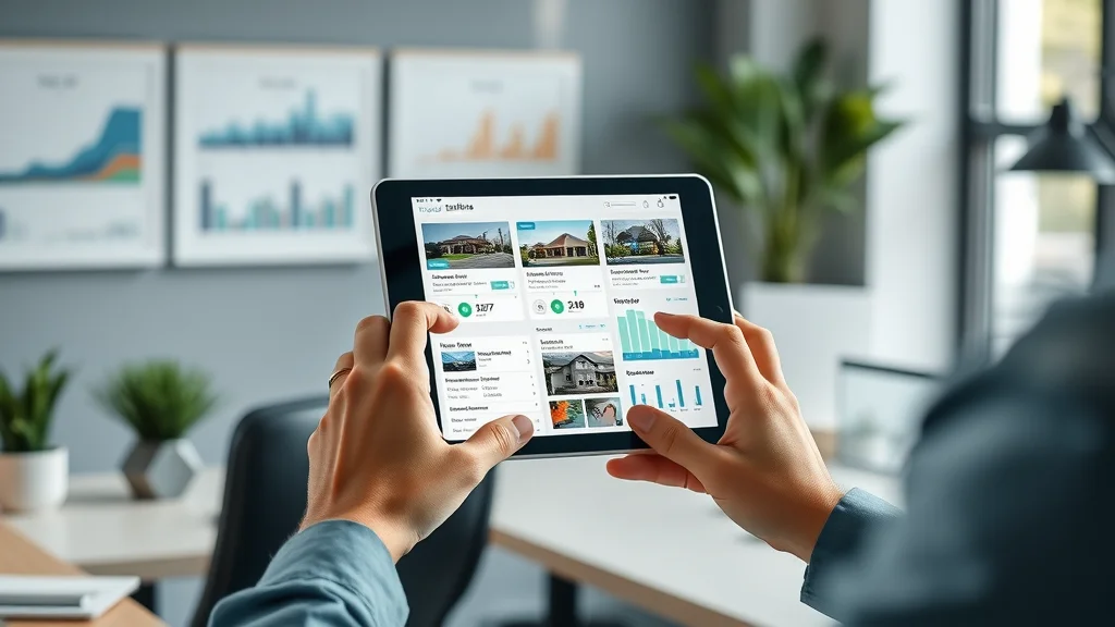 Modern digital real estate IDX interface data exchange, syncing MLS listings, tablet workspace, house plants, digital charts