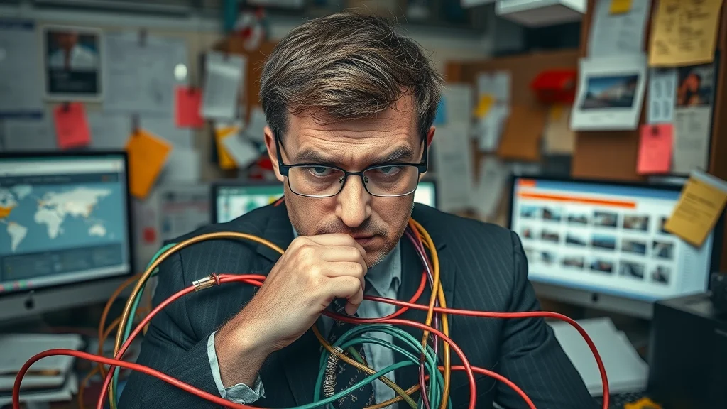 Worried professional stuck with confusing real estate website SEO wires, frustrated among screens and property listings in a cluttered workspace