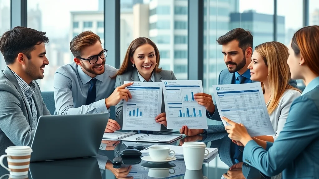 Professional real estate agents reviewing IDX provider options, laptops, feature sheets, corporate meeting room, city view