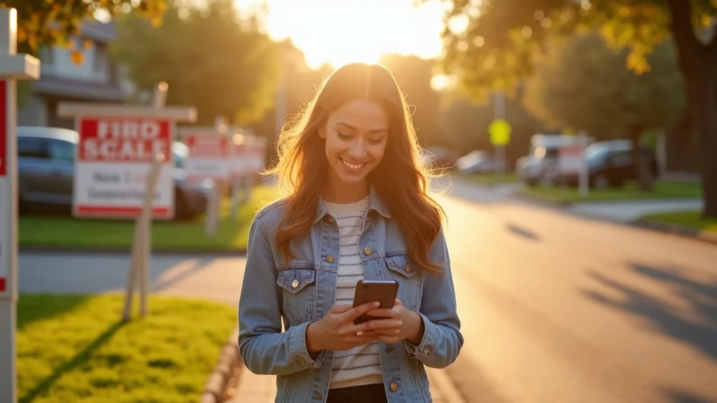 Happy client searching for homes on a mobile phone - mobile real estate website builder