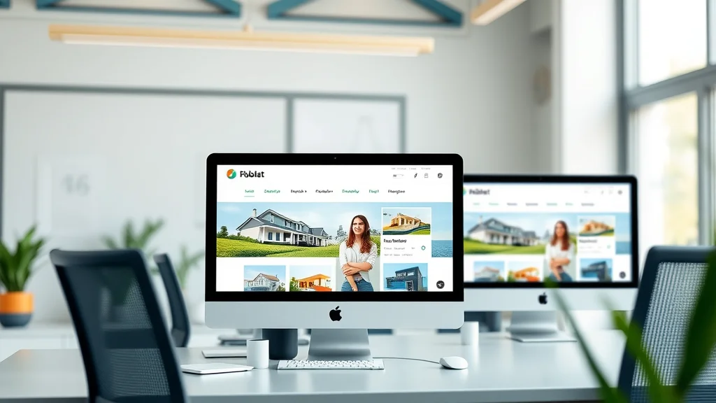 Vibrant modern real estate website design with property listings, friendly and clean user interface, blue and green color palette in bright office