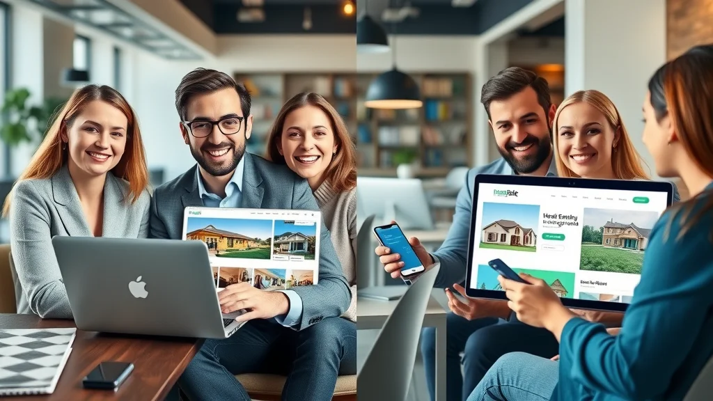 Transformed real estate website before and after, confident agents and homebuyers using revitalized clean estate web pages with modern UI design