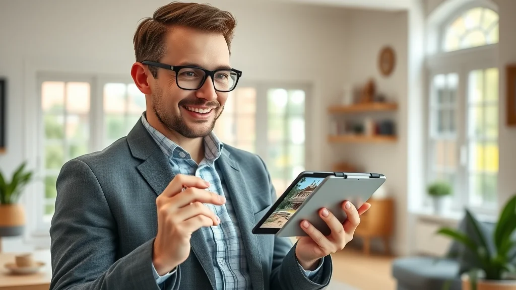 Estate agent hosting a virtual property tour on a tablet, engaging and approachable, with immersive, SEO-optimized content