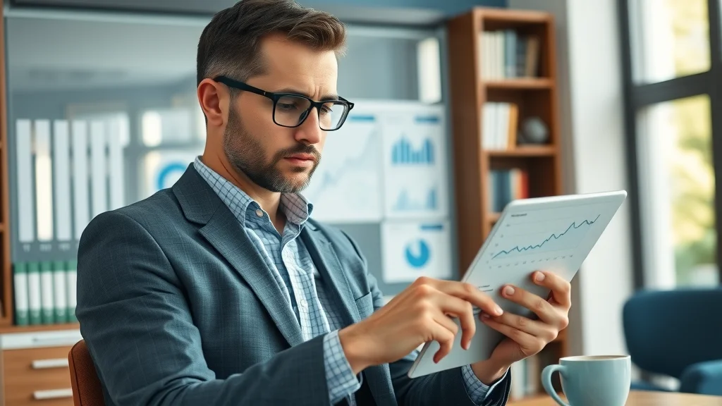Thoughtful real estate consultant checking website analytics on a tablet in a classy office with digital graphs, bookshelves, and blue-gray palette