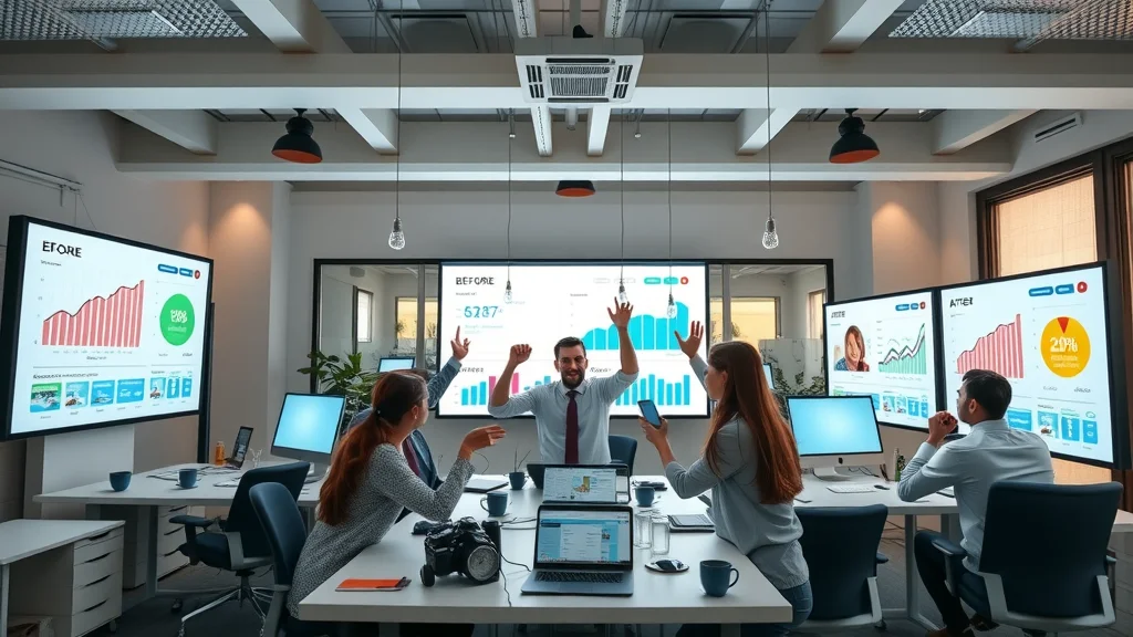Team in high-tech real estate office reviewing before-and-after website visuals and growth charts, celebratory mood