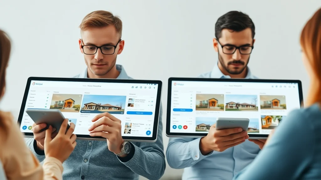 Users comparing leading property search platforms and results on different devices, photorealistic