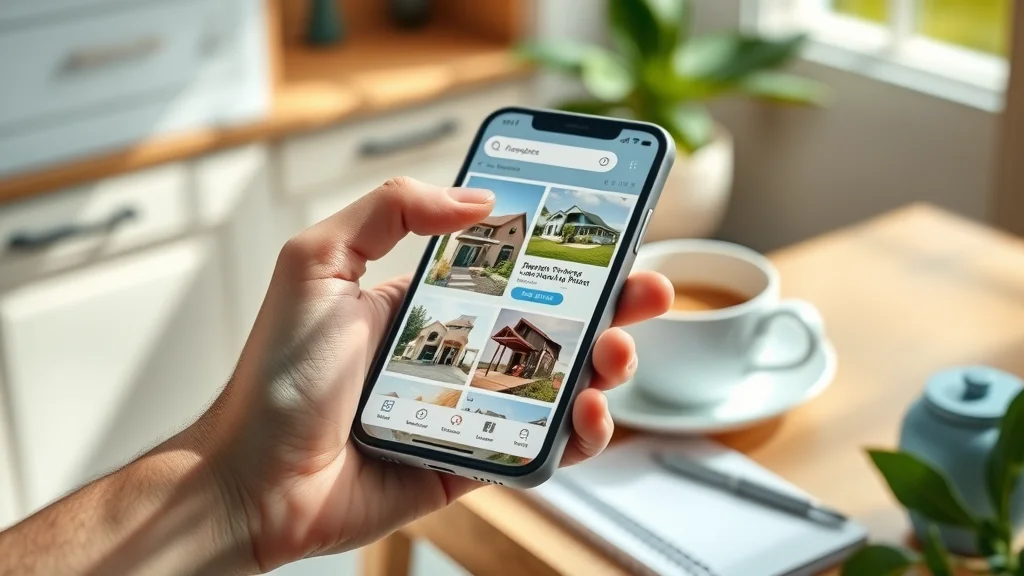 Mobile-friendly website design for browsing real estate property listings on smartphone in sunlit kitchen