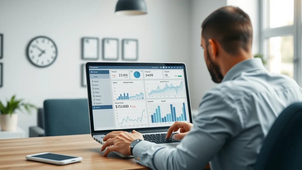 Agent reviewing real estate website analytics with charts on laptop, clean home office