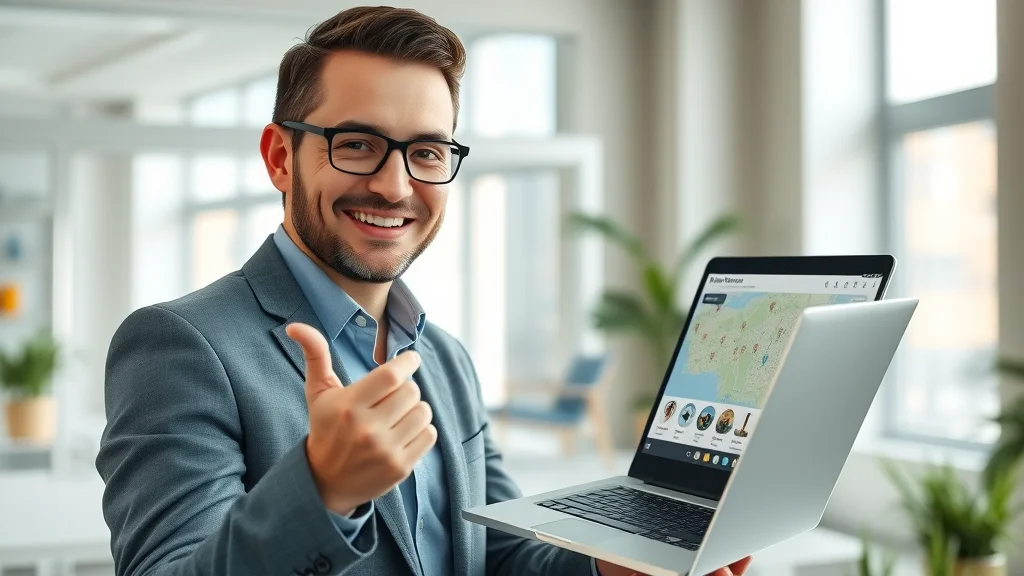 Confident real estate agent demonstrates seamless property search functionality using a modern, photorealistic digital interface in a well-lit office