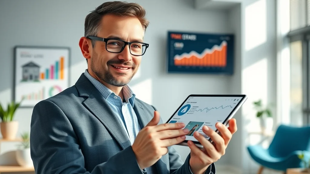 Real estate broker viewing digital website analytics with property leads, modern realty office, infographic on screen