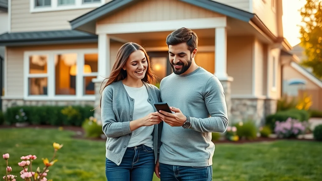 Young couple examining property search results on a smartphone outside a vibrant modern home, property data overlay visible