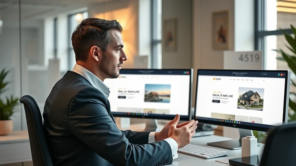 Agent reviewing sleek modern real estate website homepage template options on multiple desktop screens in an aspirational, stylish workspace