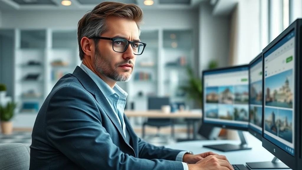 Sophisticated real estate agent reviewing modern website on computer monitors in a contemporary office with real estate branding and captivating property listings