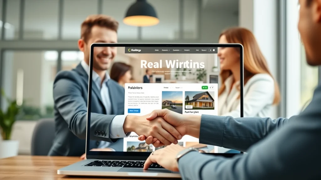 Modern inviting real estate website screenshot showing friendly professional real estate agents with clients beside a laptop displaying a sleek real estate home page