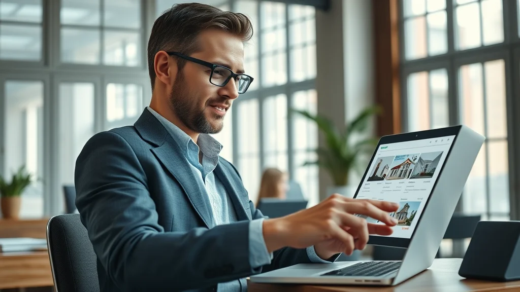 Real estate agent transitioning from paperwork to digital property listings on a laptop, modern office, natural lighting