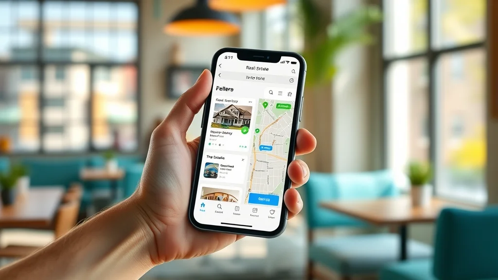 Mobile phone displaying fresh, user-friendly mobile real estate app with map and filters, sunny café background