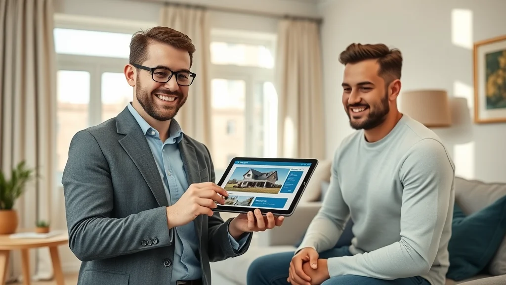 Friendly estate agent showing real estate website SEO results on a tablet to a couple in a modern living room with natural sunlight