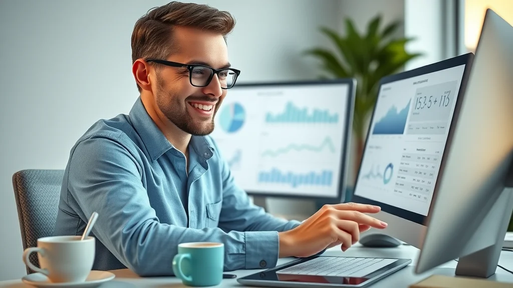 Real estate professional reviewing keyword tools and SEO competitor analysis in a stylish, well-lit office