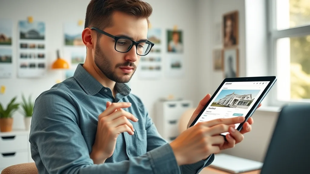 Professional real estate UX/UI designer creating website wireframes, modern office setting, digital tablet, estate web design process