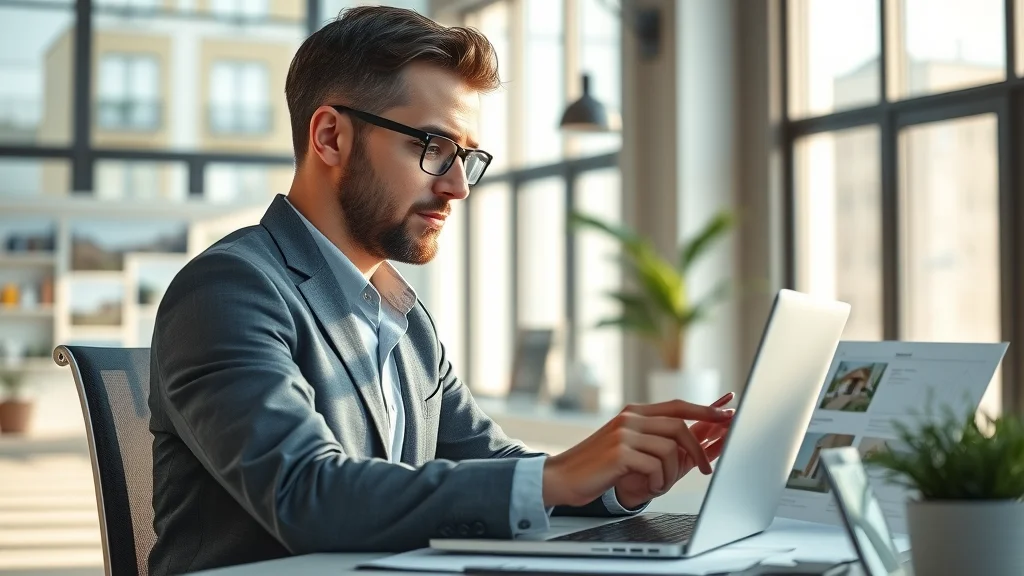 Modern real estate agent focused on real estate website design at professional workspace