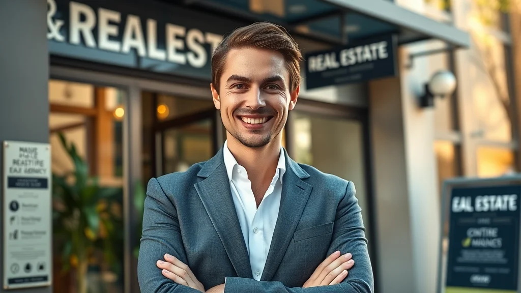 estate agent - Confident, smiling professional estate agent standing in front of a stylish agency office with warm, inviting atmosphere