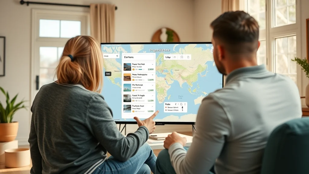 Family using an interactive property search map with search filters for price and amenities, photorealistic in a cozy home setting