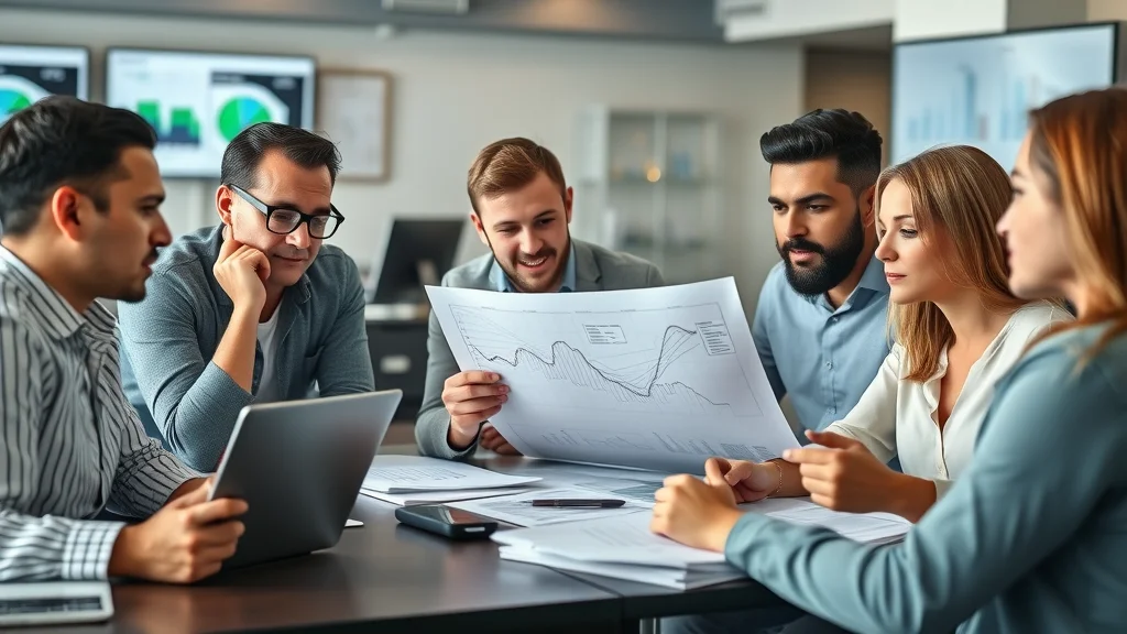 Diverse real estate web development team in planning session, brainstorming in modern office with analytics on screen