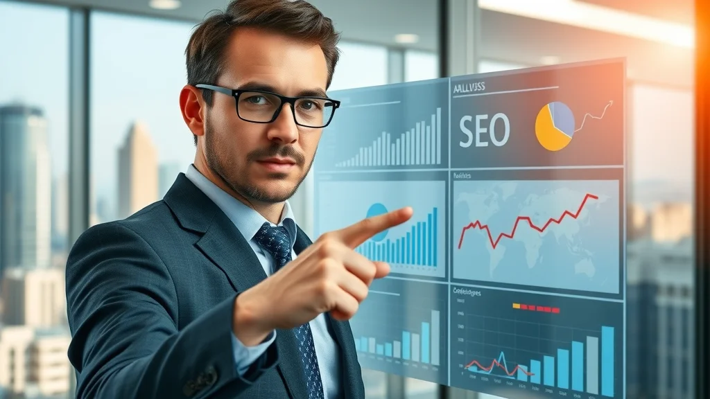 Professional SEO analyst explaining real estate website SEO ranking charts and maps on a digital screen in a bright glass office