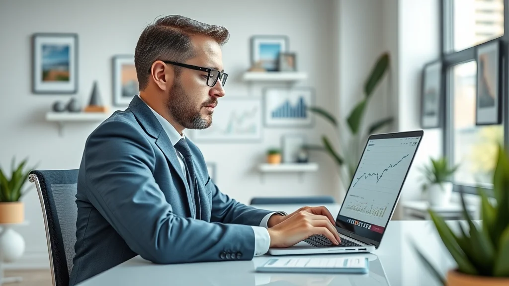 Modern real estate agent analyzing real estate website SEO analytics at a desk in a bright office with digital charts and real estate decor