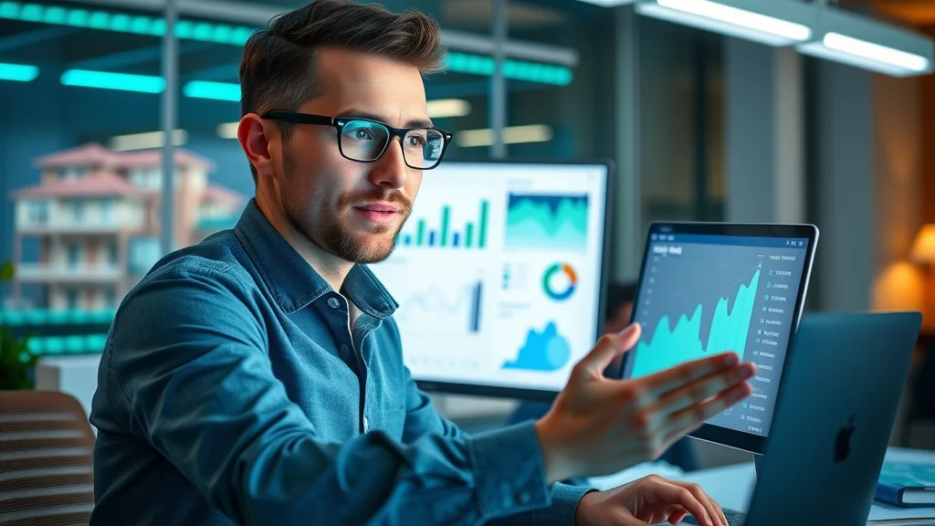 Marketer reviewing SEO analytics and property website rankings in a modern office, blue and green accents
