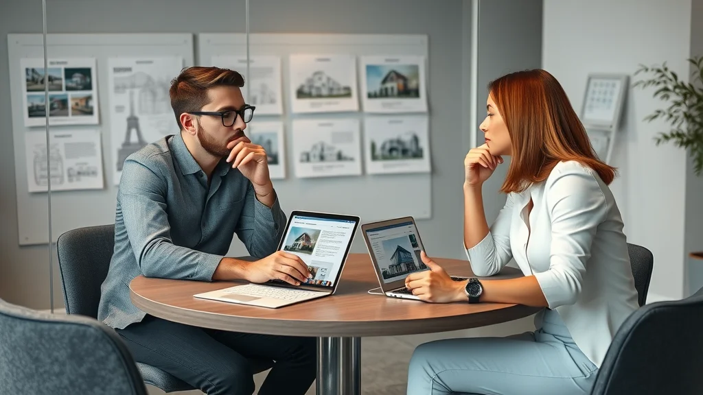 Professional web designer and real estate agent discussing estate website design options