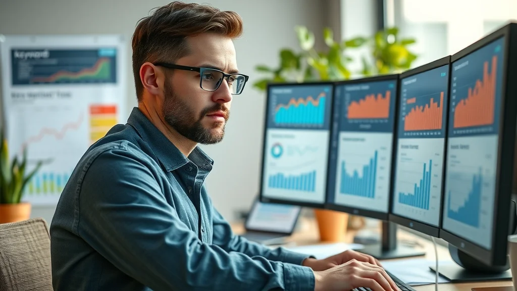 Digital marketer analyzing real estate website SEO keyword data on dual monitors in a bright office