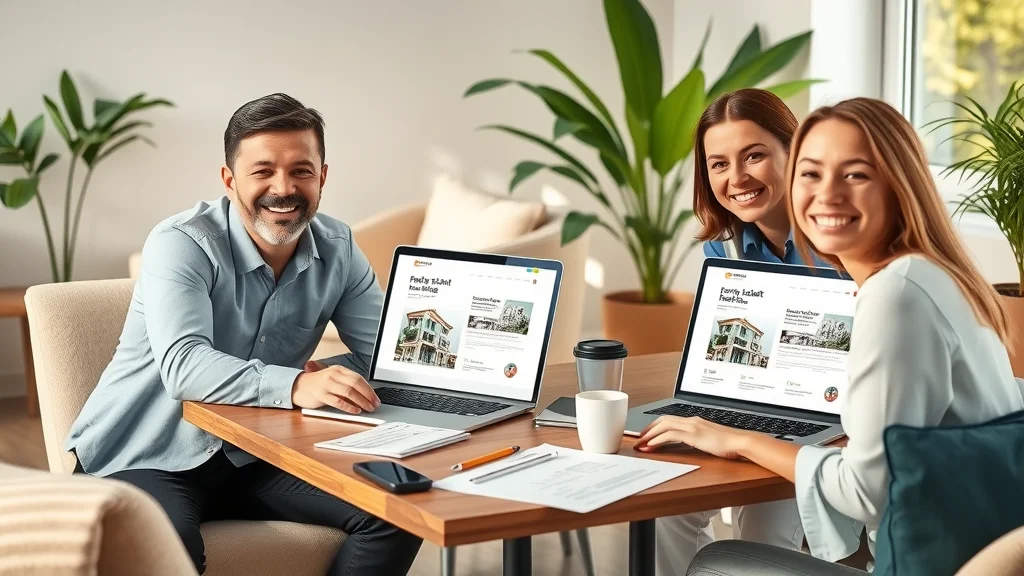 Motivated real estate team collaborating at table with laptops, paper website mockups, and real estate dashboards in a bright co-working space