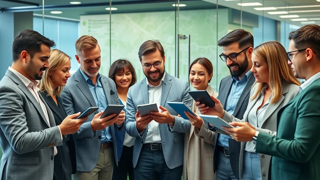 listing website - Collaborative group of real estate agents networking and sharing listings with tablets in a modern coworking space, cityscape in background